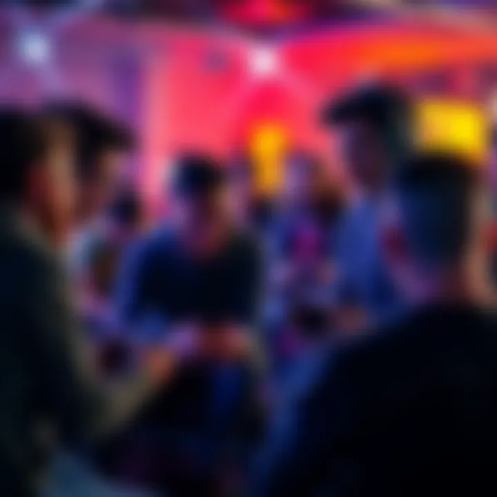 A group of people gathered, playing video games together, showing excitement and interaction.