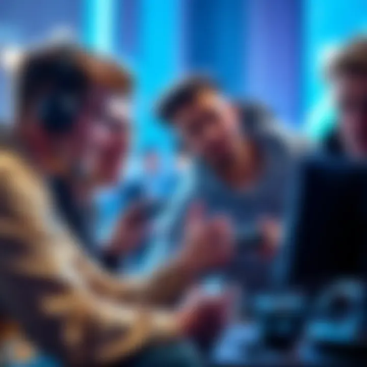 A group of friends with different gaming ranks focused on a video game, showing frustration and teamwork during play.