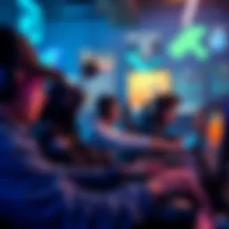 A group of gamers focused on editing in a video game, surrounded by virtual tools and elements that show their progress. Some are engaged in free building, while others are taking an editing course.