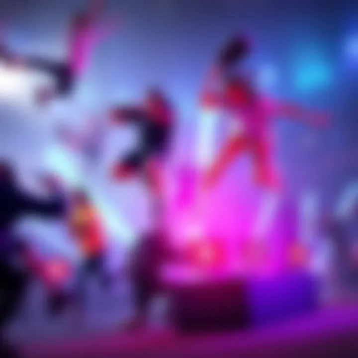 A group of gamers practicing aerial skills and mechanics in a competitive gaming environment.