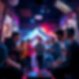 A group of gamers discussing their first pre-order experiences with excitement and enthusiasm, surrounded by game posters and consoles.