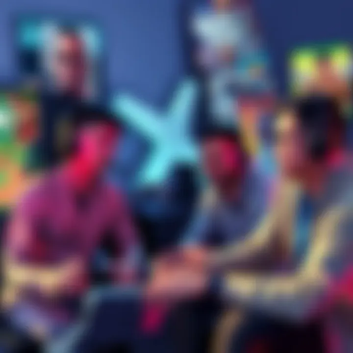 A group of gamers discussing their financial choices, with consoles and game posters in the background, highlighting the struggle between budgeting and enjoying GTA 6.