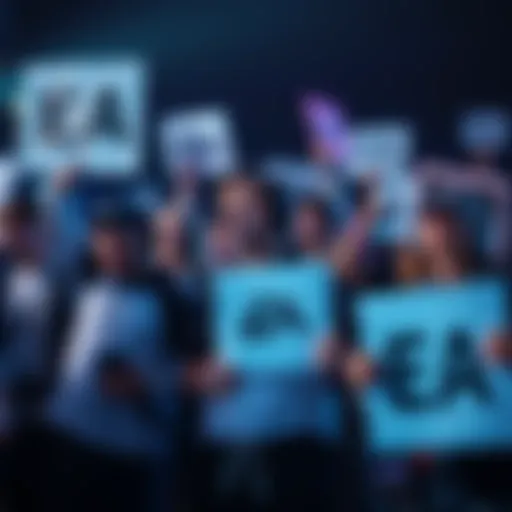 Frustrated gamers holding signs against EA, expressing their anger over poor game quality