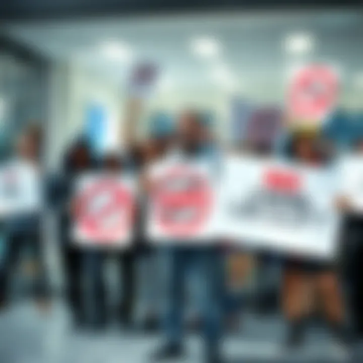 A group of frustrated gamers holding signs that say 'No More Ubisoft' and carrying second-hand game cases outside a store
