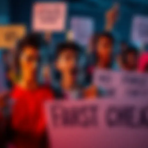 A group of gamers holding signs demanding fairness in gaming, with expressions of anger and determination.