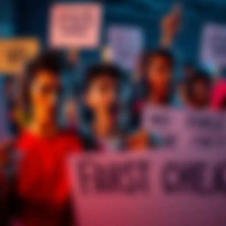 Frustrated gamers protesting against cheating A group of gamers holding signs demanding fairness in gaming, with expressions of anger and determination.