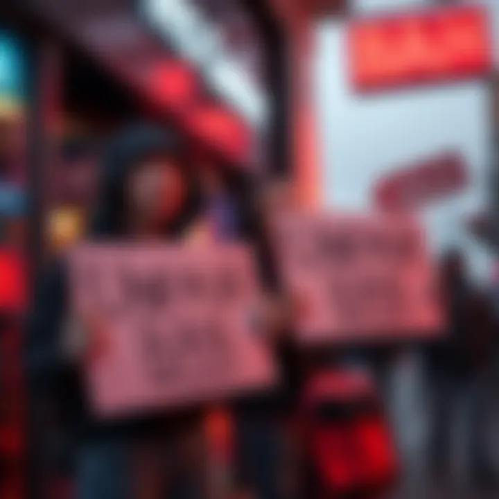 Two gamers holding signs that say 'Unfair Ban' outside a gaming store, expressing their frustration with PlayStation's moderation system.
