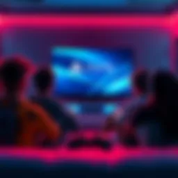 Group of gamers sitting in front of a TV playing on PS4 consoles, looking at a PS5 advertisement on the screen.