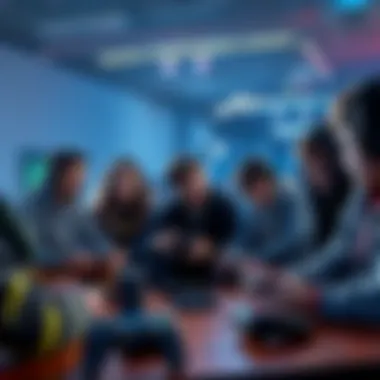 A group of gamers sitting together, some looking disappointed while others are discussing their reasons for quitting games, with game controllers on the table.