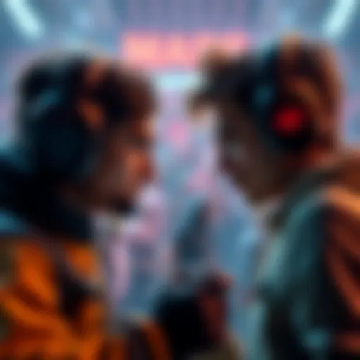 Two gamers facing off in a raid, showing expressions of determination and guilt as they prepare to attack each other.