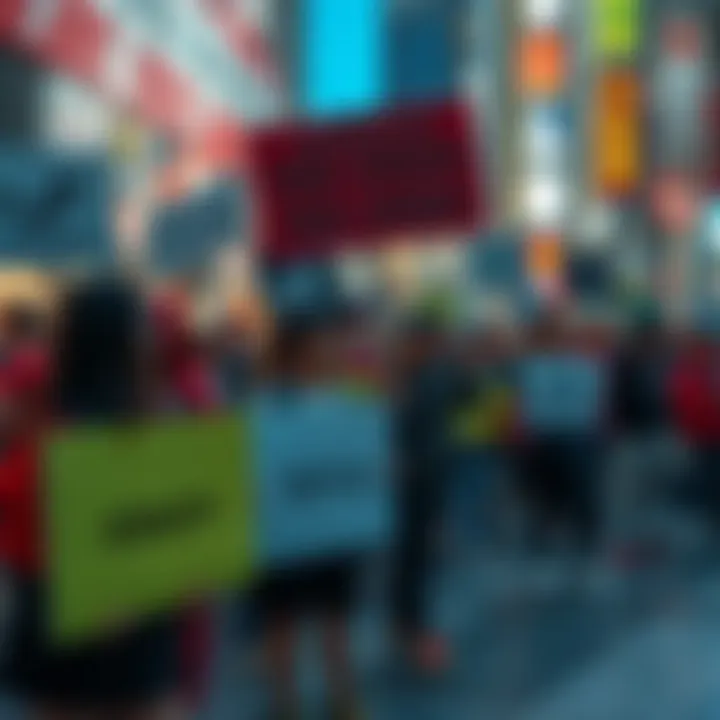 A group of gamers holding signs advocating for free speech in video games, featuring logos from Steam and itch.io, gathered in a public place.