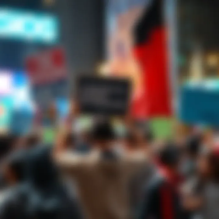A diverse group of gamers holding signs supporting freedom of choice and expression in video games, with colorful banners in a public space