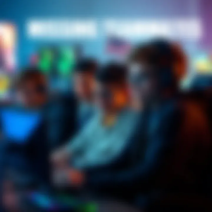 A group of gamers looking concerned while playing a video game, showing frustration over missing teammates, with a gaming setup in the background.