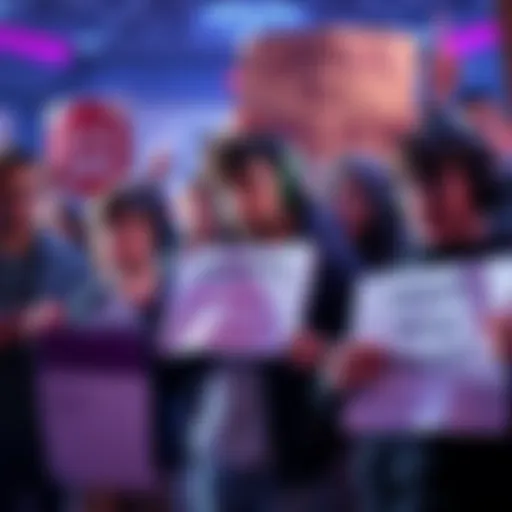 A group of frustrated gamers expressing dissatisfaction with Ubisoft's games, holding signs and showing anger over ongoing issues.