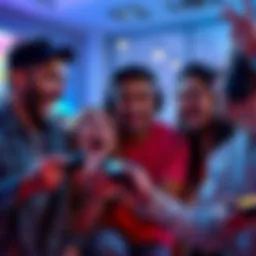 Group of gamers excitedly discussing a newly popular game with joyful expressions and game controllers in hand