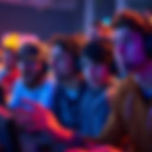 A group of gamers showing mixed reactions while facing a Freyna character in a game match, with some looking excited and others looking frustrated.