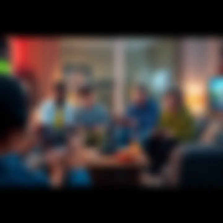 A group of diverse gamers discussing their favorite video games in a cozy living room setting with gaming consoles and snacks.
