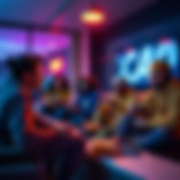 A group of gamers sharing their experiences after completing the DPD game, sitting in a casual setting with controllers and snacks.