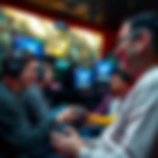 A group of gamers exchanging friend codes on Steam, with gaming equipment and screens in the background