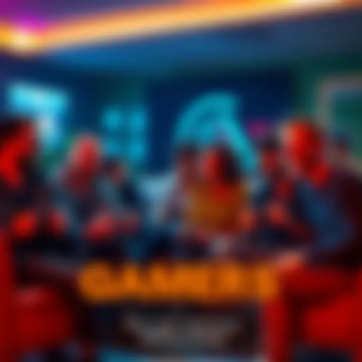 Gamers Sharing Stories A group of people sitting together, sharing nostalgic gaming stories, with a focus on excitement and camaraderie. Some hold gaming controllers, and others are animatedly discussing their favorite mome...