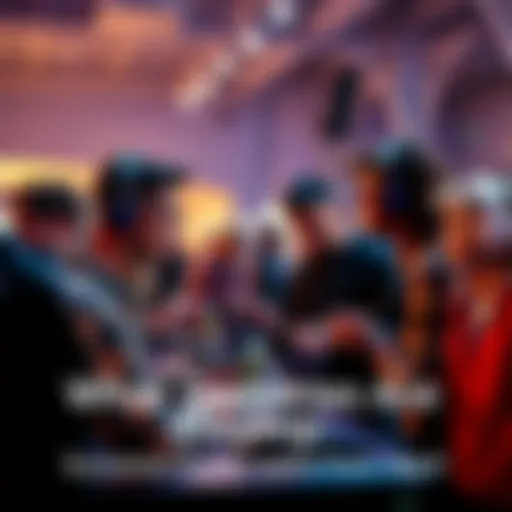 A group of gamers discussing their recent playing experiences and strategies at a gaming event.