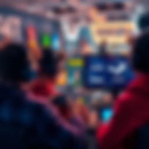 A group of gamers browsing different online game stores on their devices, showing GOG and Steam logos on the screen
