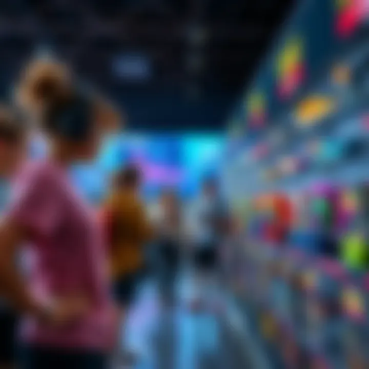 A group of gamers looking at various colorful skins for runners in an online store