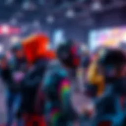 A group of gamers displaying their colorful and unique skins on characters in a game, highlighting their individual styles.