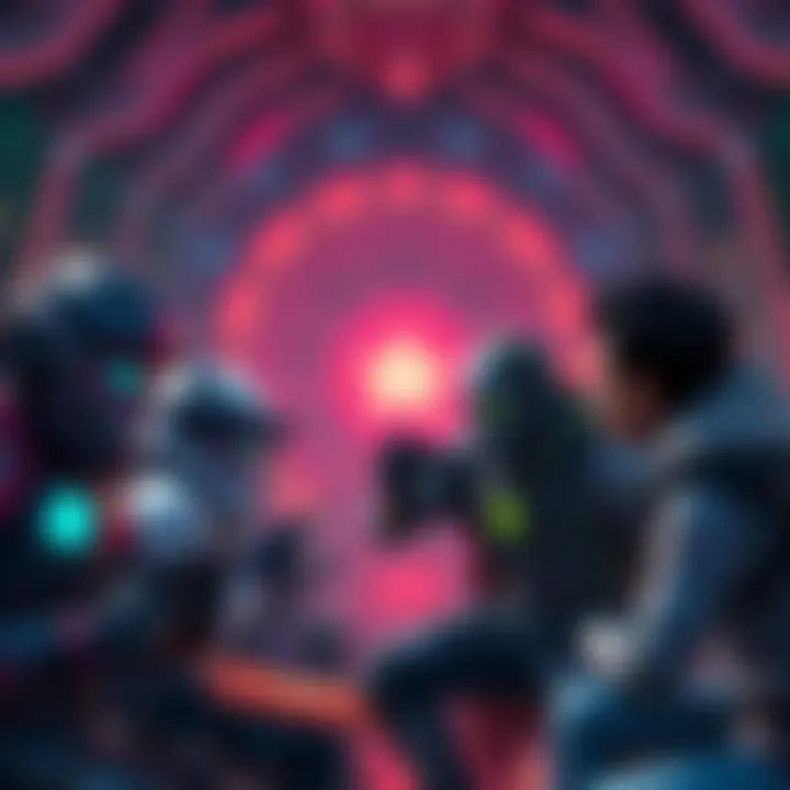 A group of gamers in the Sanctum of Guardians of the Galaxy, with one player playfully shushing another who is emoting, creating a fun atmosphere.