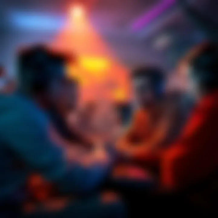 A group of gamers engaged in a heated discussion about solo lobbies in gaming, with gaming consoles and screens visible, showcasing their passion for the topic.