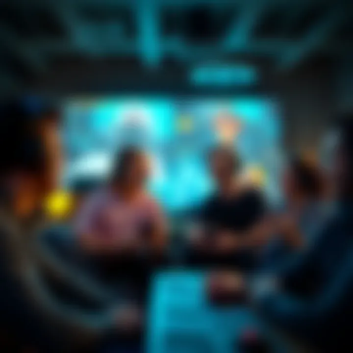 A group of gamers excitedly talking about mysterious sounds in a game, with a gaming setup in the background.