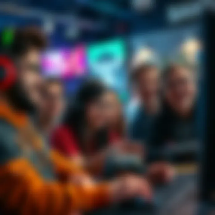 A group of gamers immersed in a video game session, showing expressions of excitement and focus while discussing the game's story elements.