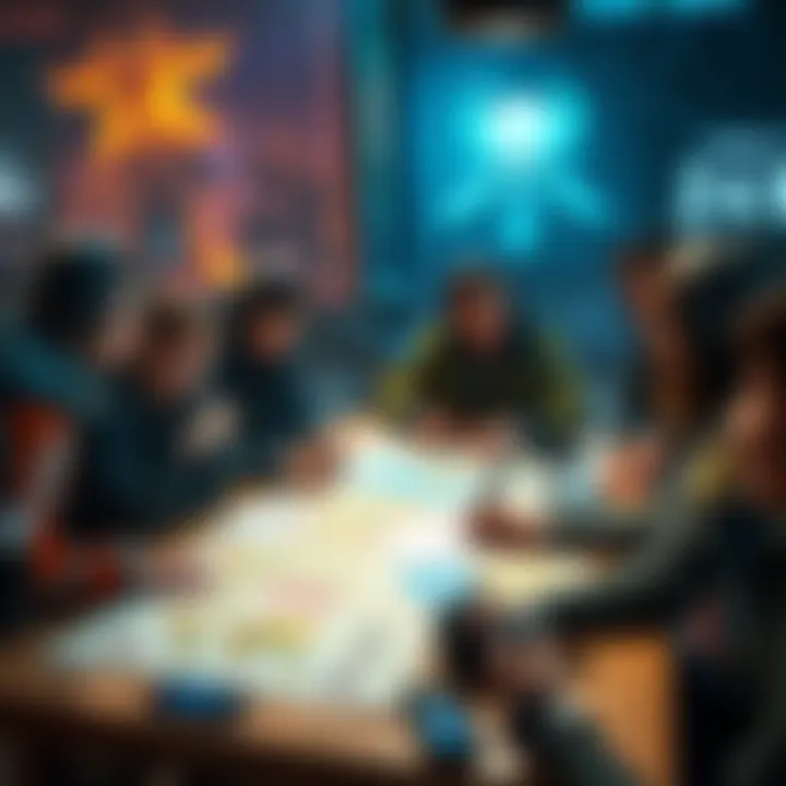 A group of gamers discussing strategies with maps and gear on a table, planning raids together in the game environment.