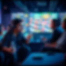 A group of gamers sitting together, looking at strategy game screens, showing mixed reactions of confusion and interest