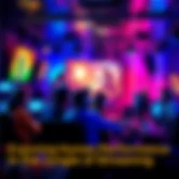 A group of gamers interacting in a colorful streaming setup, showcasing peak moments of excitement and community engagement, with screens displaying games and chat.