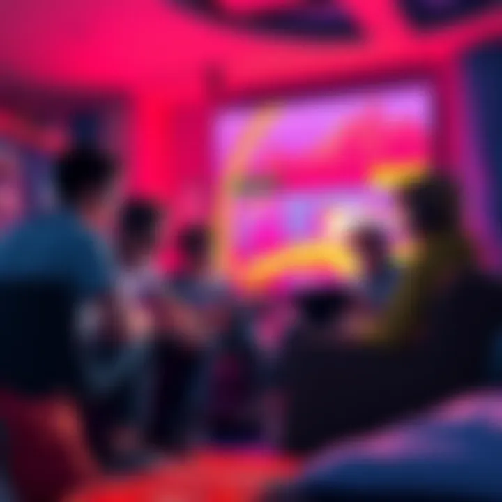 A group of gamers debating their subscription changes from Extra to Essential in a cozy gaming room.