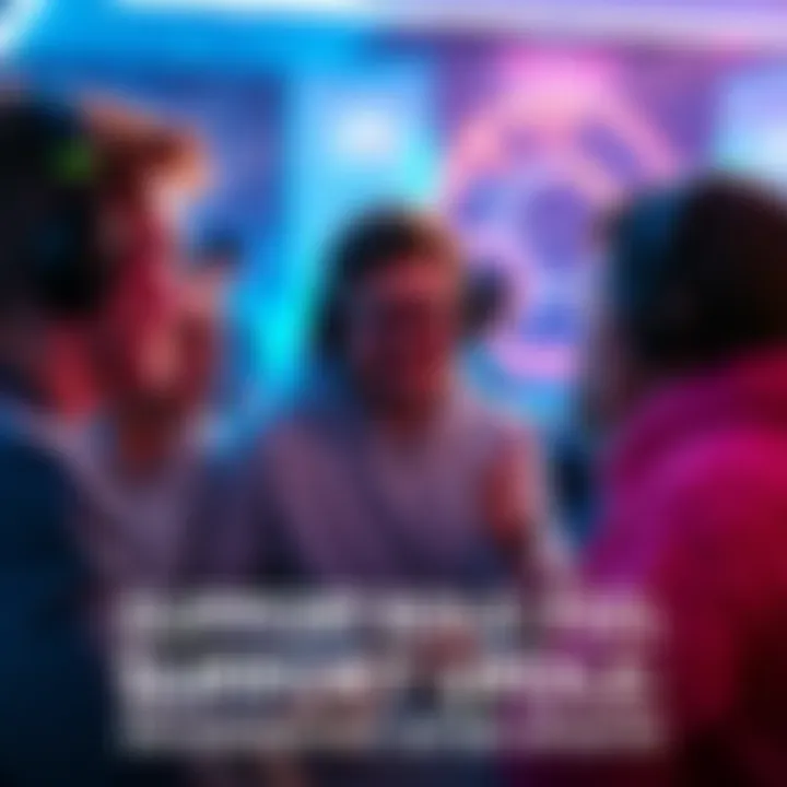 A group of gamers discussing strategies and enjoying new support role features in a vibrant gaming environment