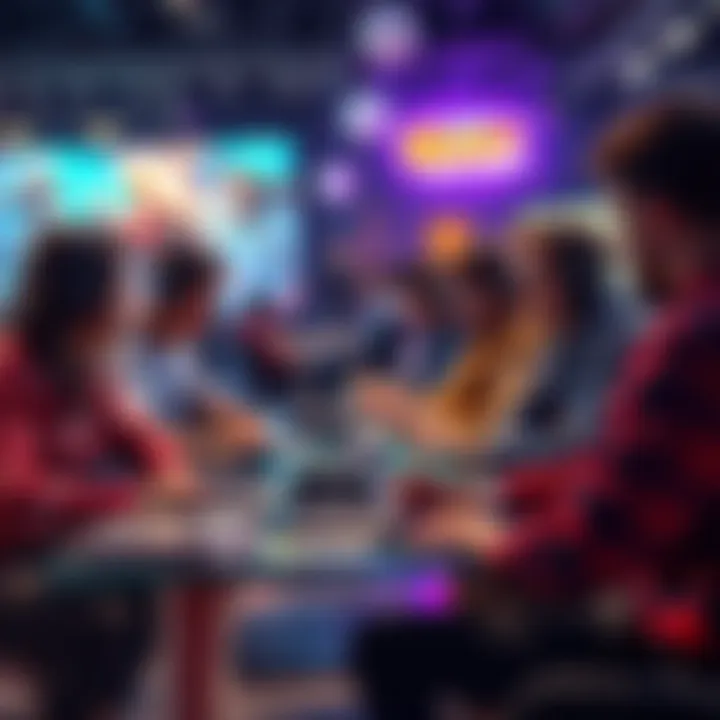 A group of gamers engaged in a lively discussion about tactics and strategies in a new strategy game, with game screens visible on the table.