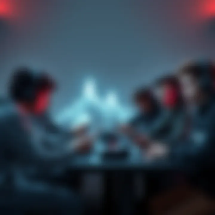 A group of gamers sitting around a table, looking tired while playing Dark Ages on their devices, taking a break between chapters.