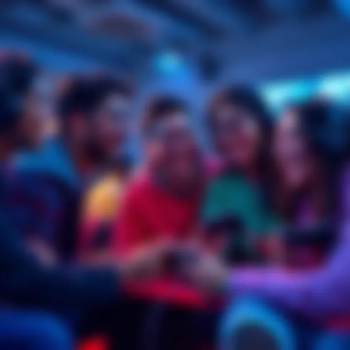 A group of gamers in India laughing and playing together on their consoles, showcasing teamwork and community spirit.