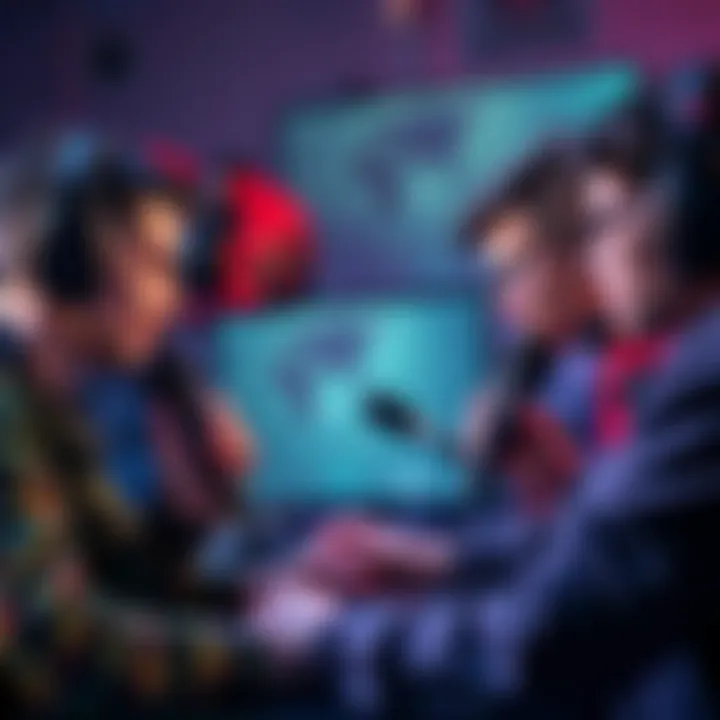 Gamers Teaming Up in STW A group of gamers with microphones, working together in a virtual world, playing a cooperative game to level up their characters.