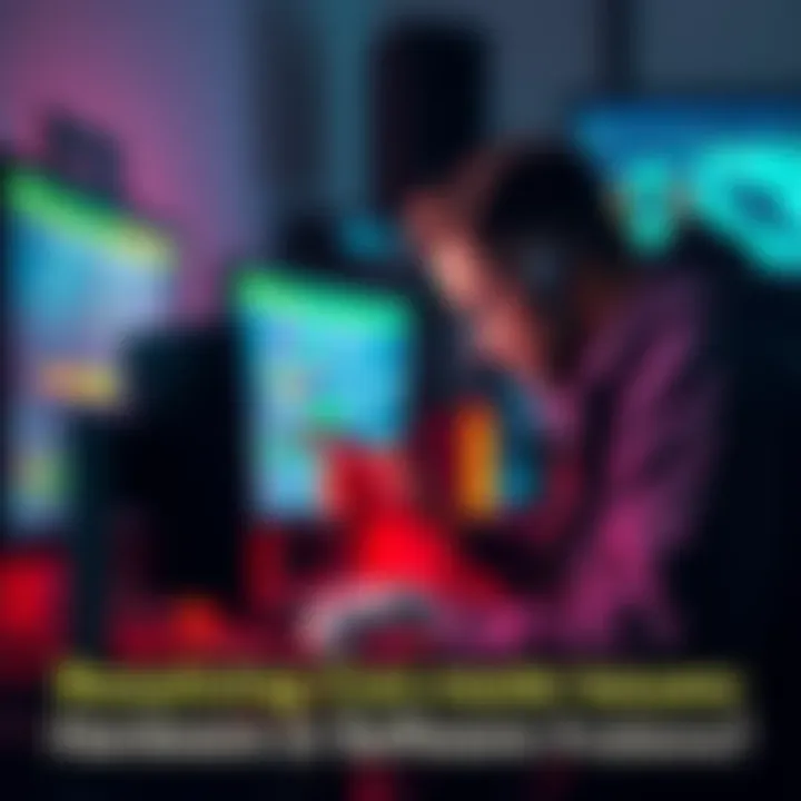 A person checking a gaming console and monitor for problems