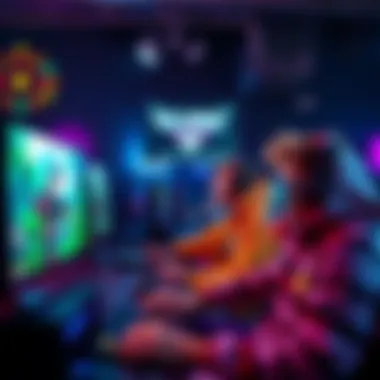 A group of gamers playing unique and weird games on their PCs, showcasing different types of genres like RPGs and horror.