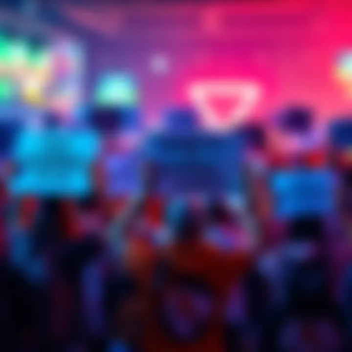 A diverse group of gamers holding signs to support indie games and consumer rights, showing solidarity in a vibrant gaming community