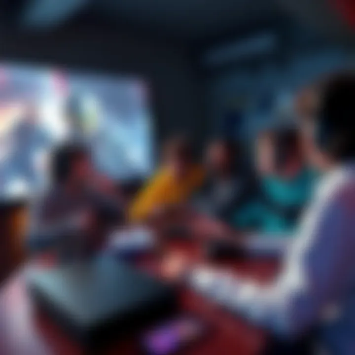 Gamers discussing video game sequels A group of gamers sharing their favorite video game sequels at a table with consoles and game cases