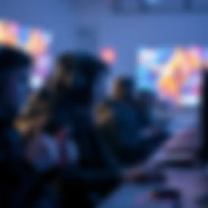 Group of gamers looking at screens, showing frustration over chat issues in a video game