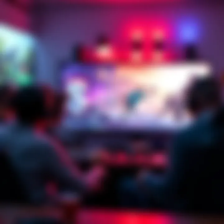 A group of gamers watching gameplay videos on a large screen, discussing their favorite games on forums, surrounded by gaming gear.