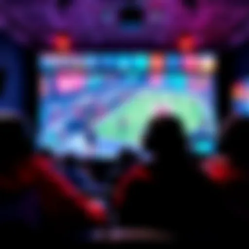 A group of gamers watching engaging competitive game highlights on a large screen, showcasing replay commentary and expert analysis.