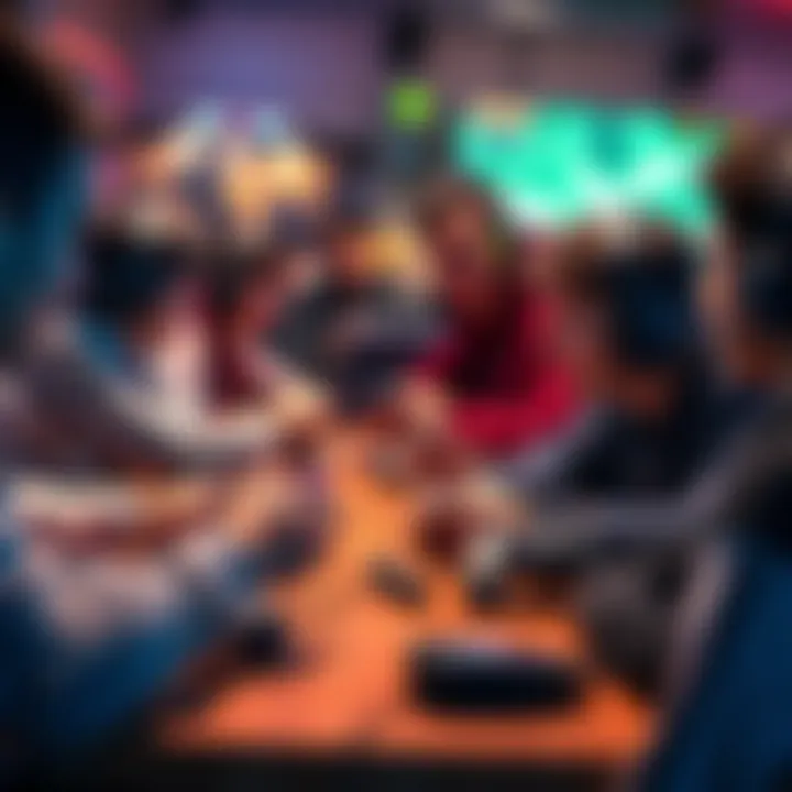 A group of gamers sitting around a table with game controllers, discussing achievements and gaming strategies