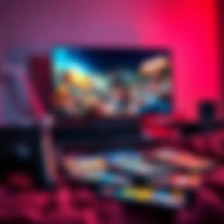 A cozy setup with a game console and a TV showing a movie, with colorful game covers scattered around.